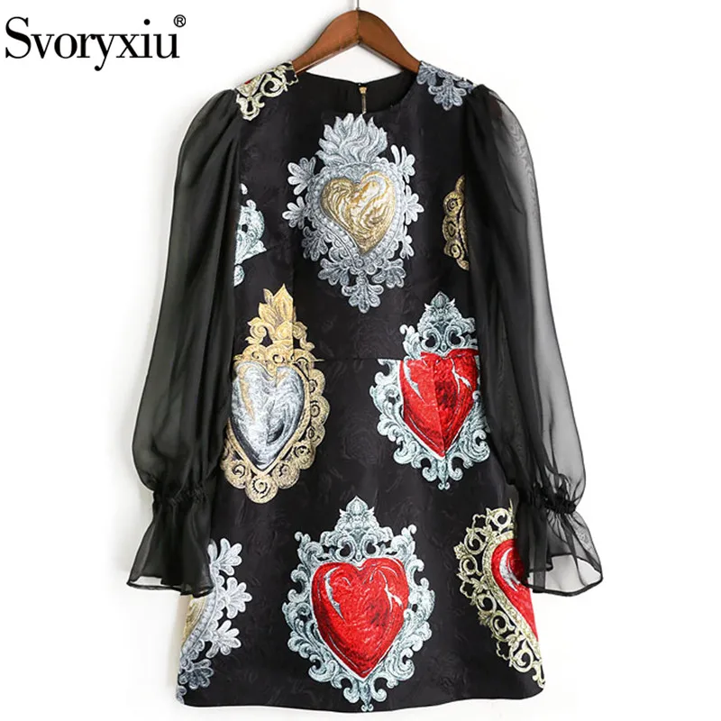 Svoriu Runway Custom Autumn Mini Dress Women's Perspective Lantern Sleeve Patchwork Heart Shaped Printed Elegant Party | Женская