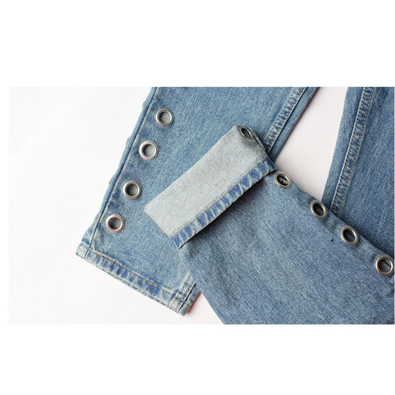 

Fashion Women Autumn Rivets Ripped High Waist Jeans Straight Eyelet Detail Boyfriend Denim Jeans Women Pants Female Jeans