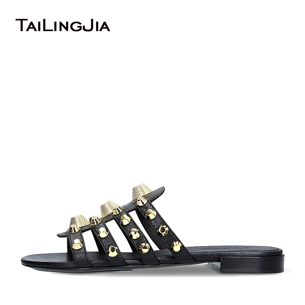 

Women Black Giant Studded Sandals Gold Studs Slides Sliver Beach Shoes White Slippers Vacation Flats Mules Large Size Wholesale