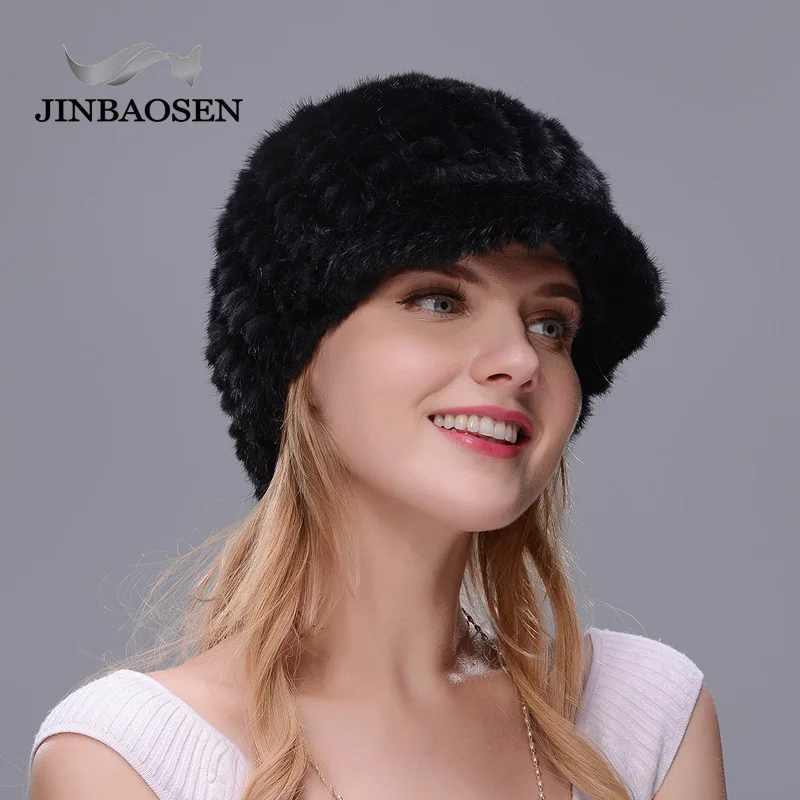 

Женская вязаная шапка JINBAOSEN, теплая вязаная шапка из натурального меха норки, с помпоном из лисьего меха
