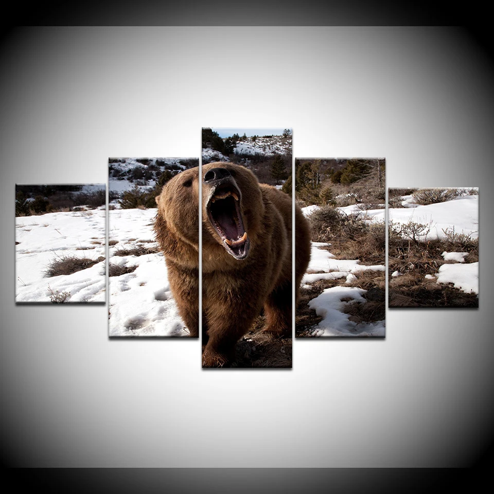 Бурый медведь живые обои 5 Панель HD Принт животного современный настенный постер