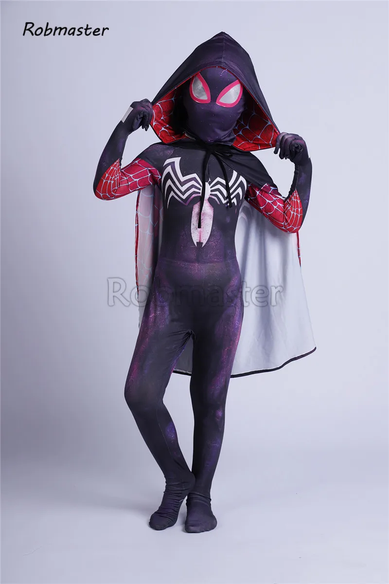 3D печатных детей гвеном Косплей Костюм с капюшоном Zentai девочек Веном симбиот костюм паук Гвен Стэйси костюм Спайдермен плащ костюм