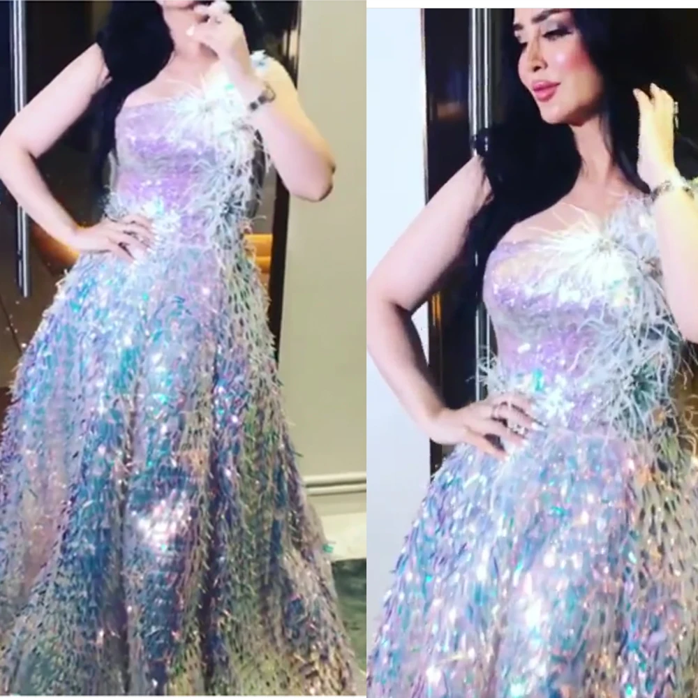 

sparkly prom dresses 2019 one shoulder feather sequins bling bling a line evening dresses arabic