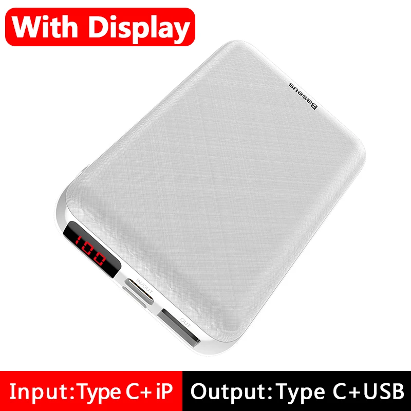 LED Display White Baseus 10000 мАч mi ni power Bank портативное usb type C быстрое зарядное устройство маленький 10000 мАч power bank для iPhone Xiaomi mi внешний аккумулятор - Цвет: LED Display White
