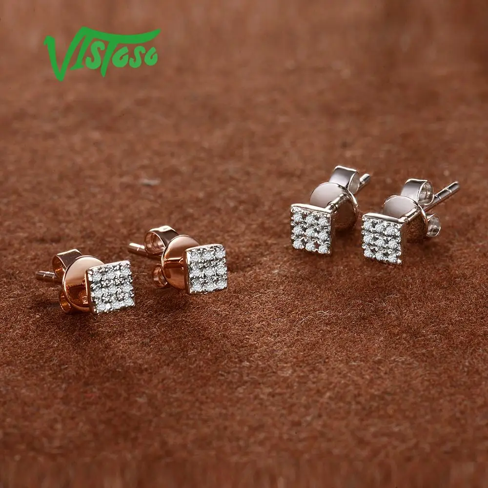 Серьги VISTOSO, золотые, для женщин, 14 K, 585, розовое золото, сверкающие бриллианты, изящные круглые серьги-гвоздики, модные ювелирные изделия