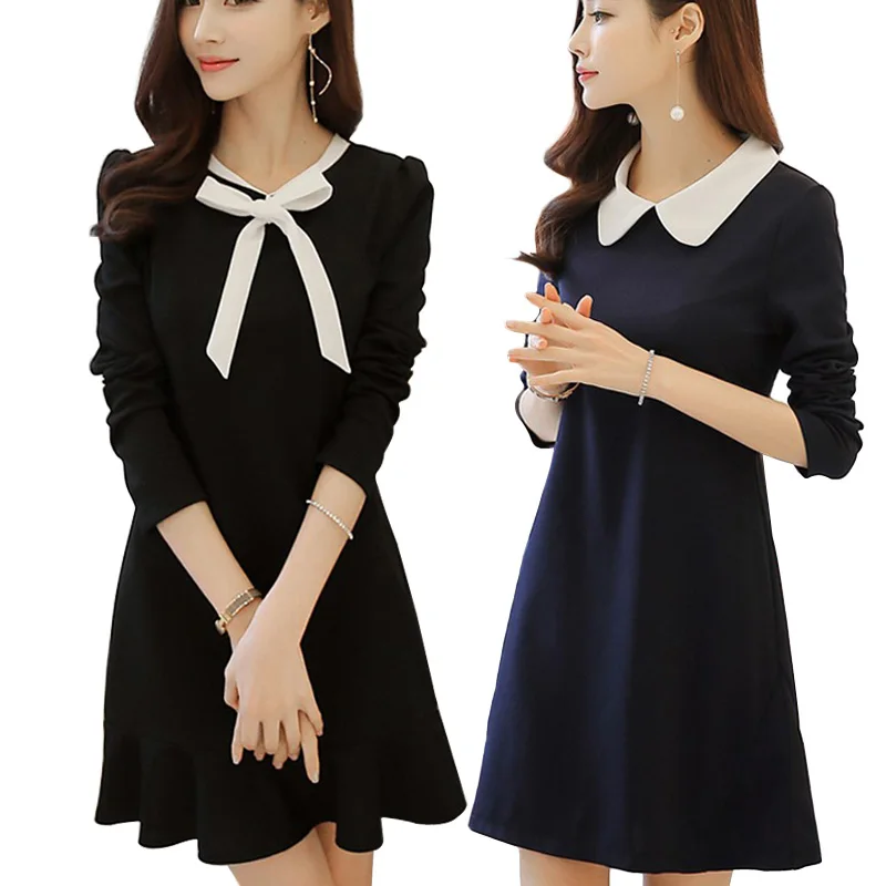 2018 школьные платья модные женские офисные черное платье с белым воротником