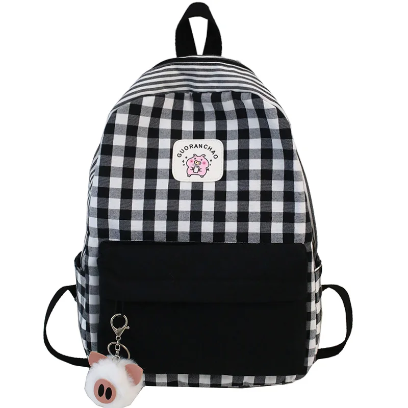 Student Female Pig Plaid Backpack Cute Women Canvas School Bags Girl Kawaii Backpack Fashion Book Ladies Teenage Bag Luxury New - Цвет: black