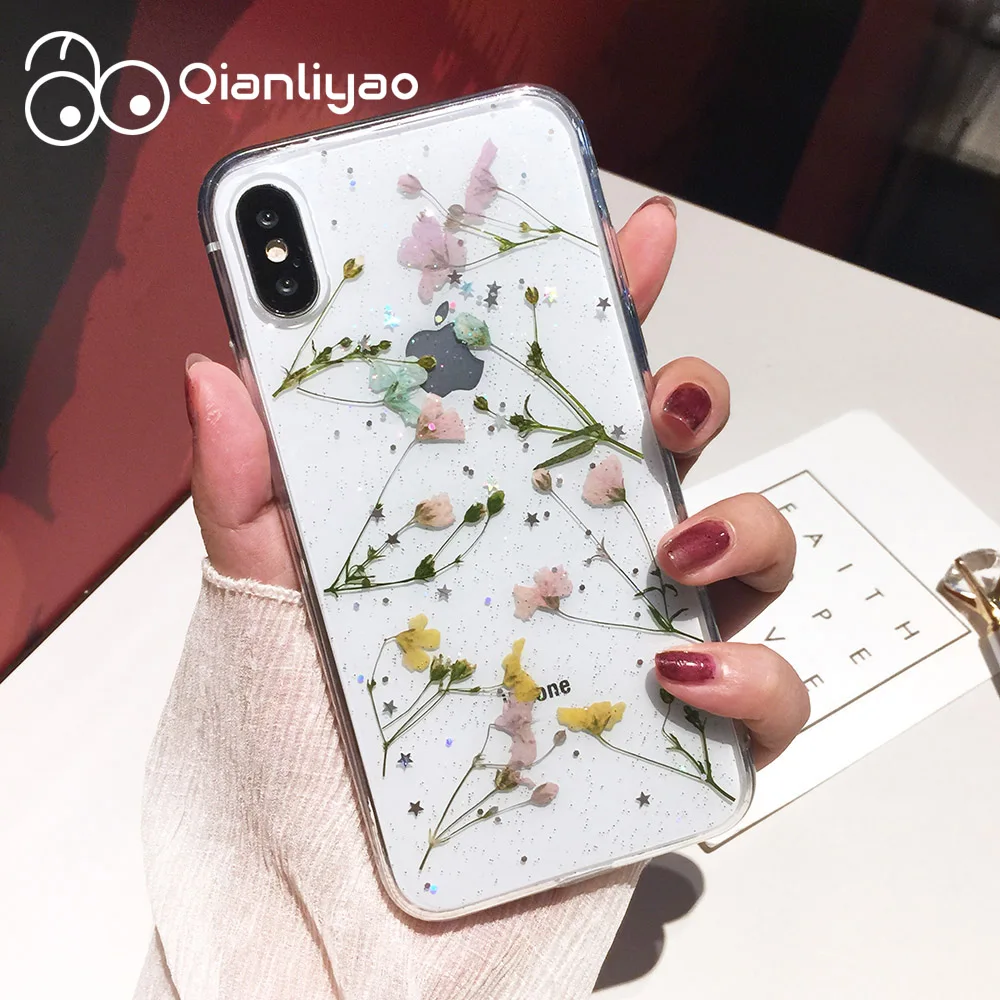 Qianliyao настоящие сушеные чехлы с цветочным принтом для IPhone X XS Max XR 6 6S 7 8 Plus 11 Pro Max чехол ручной работы мягкий свежий цветок чехол для телефона