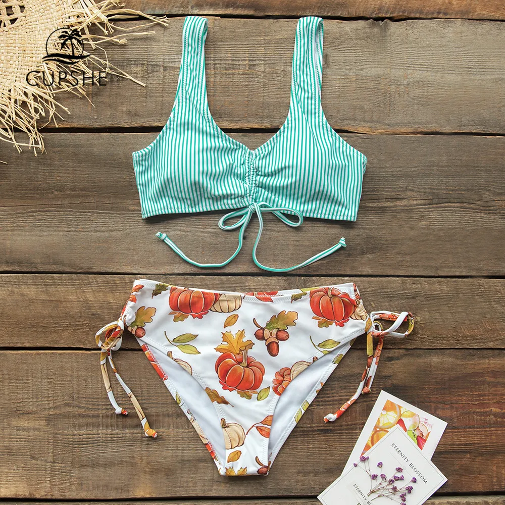 CUPSHE зеленая полоса и тыква средняя посадка бикини наборы майка купальник из двух
