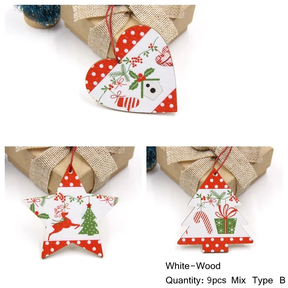 9PCS-W-Mix B Хит! 9 шт./лот, рождественские деревянные подвески, украшения, поделки из дерева, украшения для рождественской елки, украшения для рождественской вечеринки, подарки - Цвет: 9PCS-W-Mix B