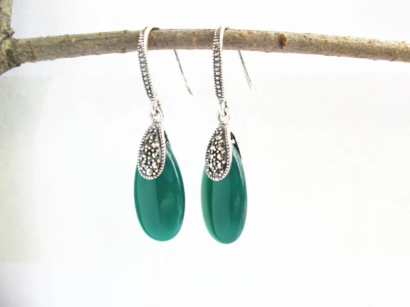 

KJJEAXCMY fine jewelry S925 Sterling Silver Thai silver jewelry inlaid Green Agate lady earrings earrings