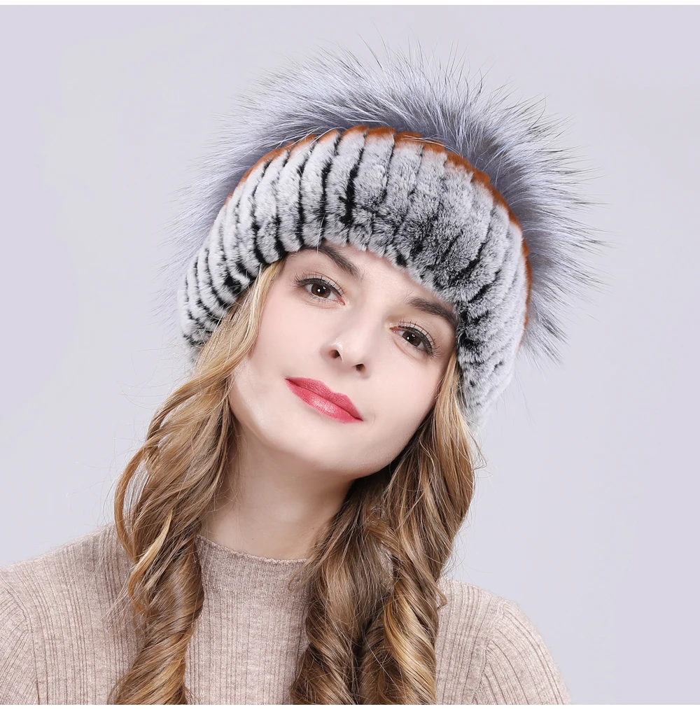 Outdoor Women Warm Soft Genuine Rex Rabbit Fur Hat Knitted Natural Real Sliver Fox Fur Caps Winter Real Rabbit Fur Beanies Hats