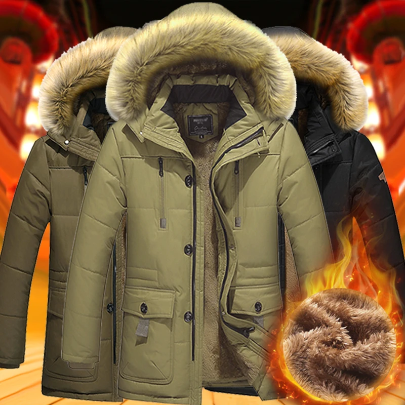 

Winter men's plus velvet thick warm cotton coat, large size loose fur collar hooded tooling cotton jacket S-5XL