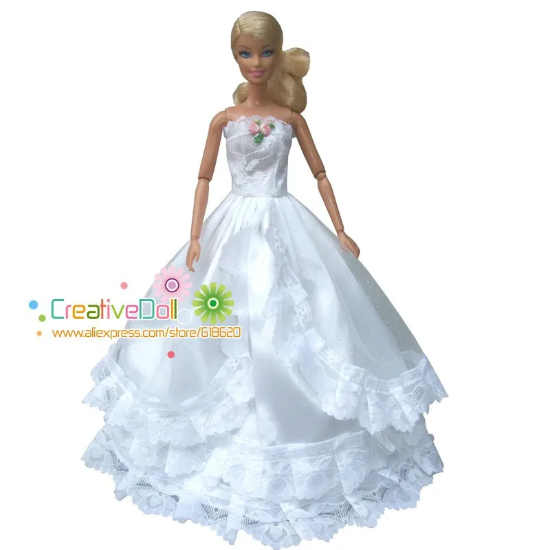 

Free shipping New arrival Lace White wedding dress with veil for barbie doll