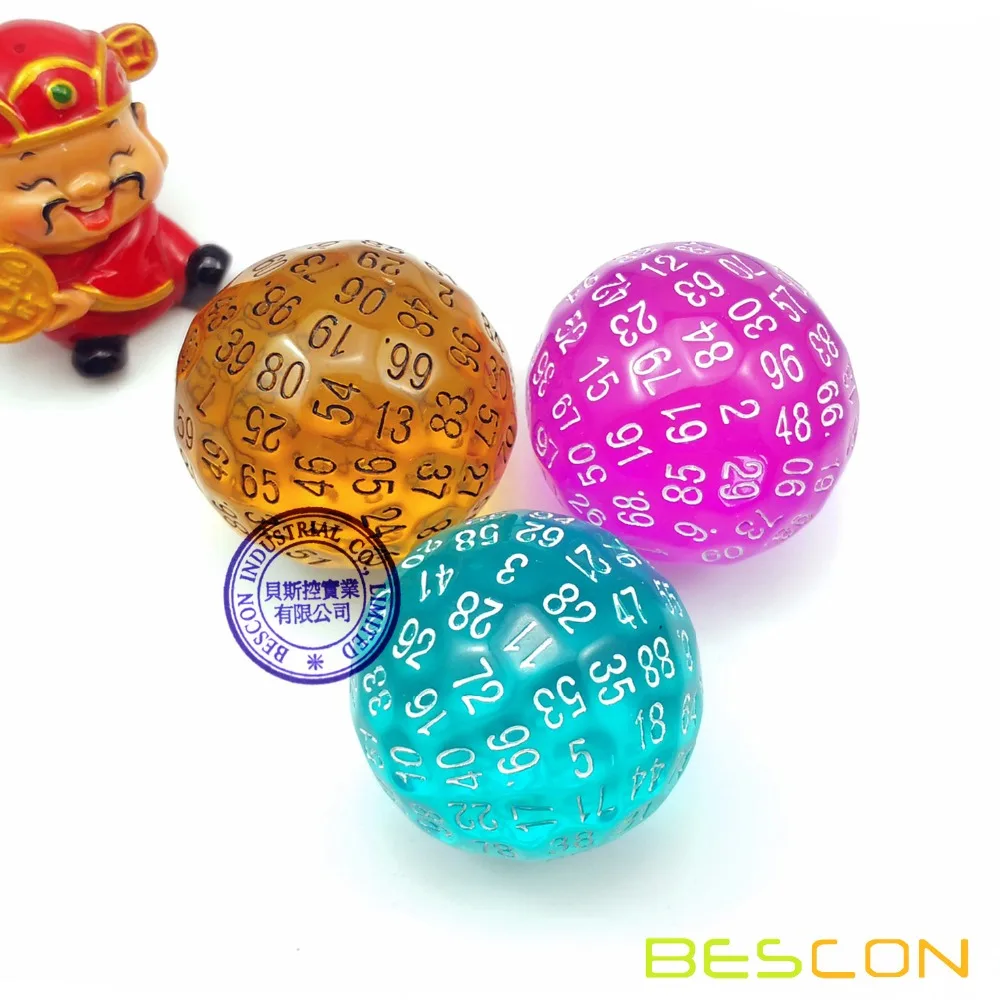 Bescon Прозрачный Многогранные кубики 100 сторон кости, прозрачный D100 под давлением, 100 Двусторонняя куб, D100 игра в кости, 100 сторонняя куб фиолетового цвета