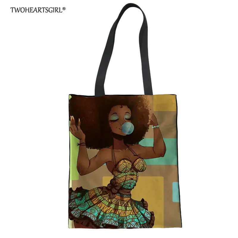 

Twoheartsgirl Fashion Women's Cotton Tote Bags Cartoon African women 3D Printed Eco Shopping Handbags Casual Women Shoulder Bag