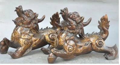 Copper Brass CHINESE crafts decor Asian voge joya 9 &quot fengshui bronce chino riqueza yuanbao perro de foo lion bestia unicornio | Дом и сад