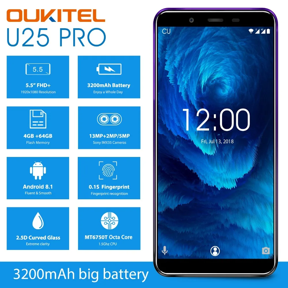 OUKITEL U25 Pro 5," FHD MTK6750T Восьмиядерный мобильный телефон 4 ГБ ОЗУ 64 Гб ПЗУ Android 8,1 двойная камера отпечаток пальца 4G LTE смартфон