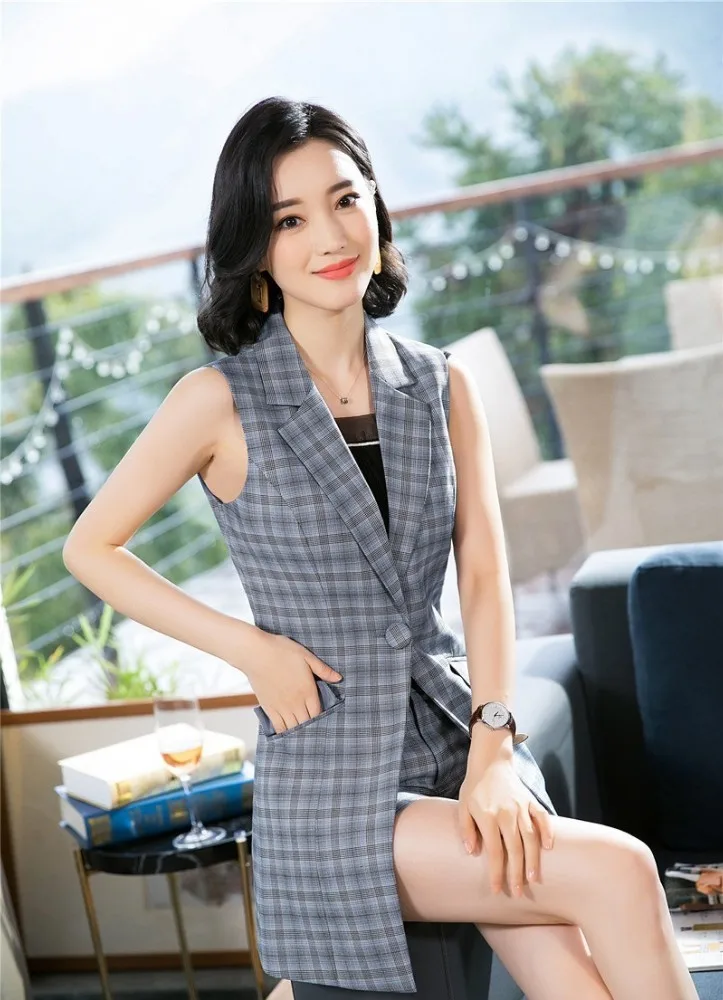 Женский жилет в клетку деловой Длинный офисный пиджак весна лето 2019|Жилеты и