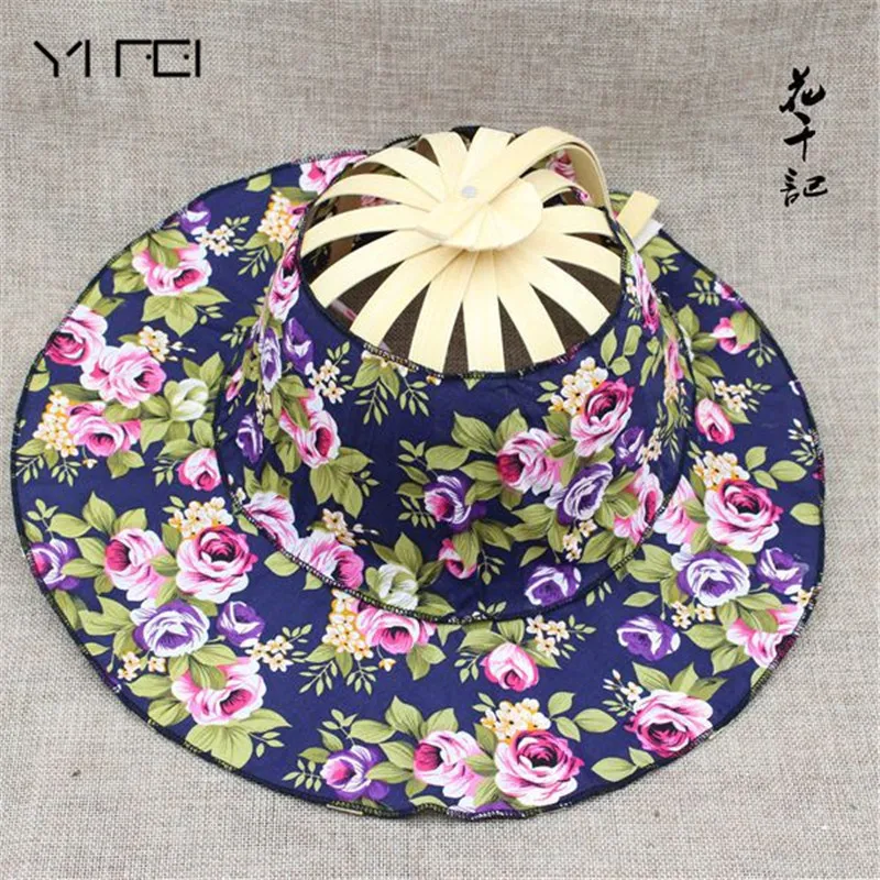 

Folding Fan New Arrive Hand Held Folding Fans Traveling cap Summer Women Girl Sun Hat Bamboo Dancing Fan Floral Cloth cap