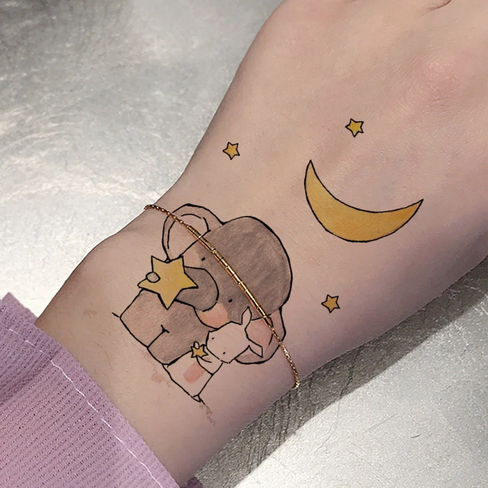 Flash Cute Cartoon Children Tattoo Stickers Crescent Moon Stars Kids Face Temporary Women Arm Ankle Elephant Fake Tatoos Rabbit