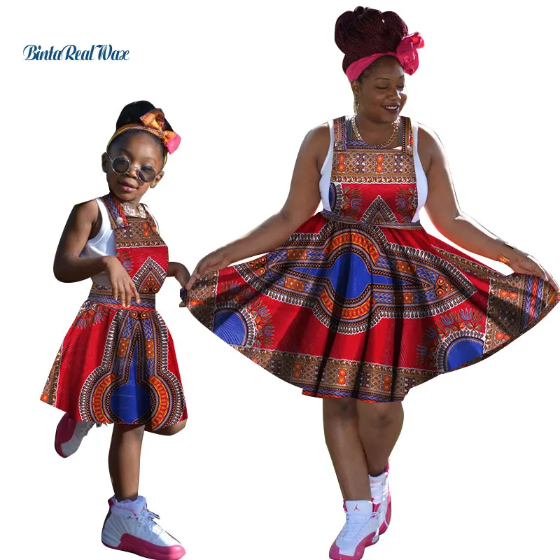 Casual Bazin Riche Mom and Daughter Clothes Strap Dress Dashiki African Print Dresses for Women African Women Clothing WYQ110