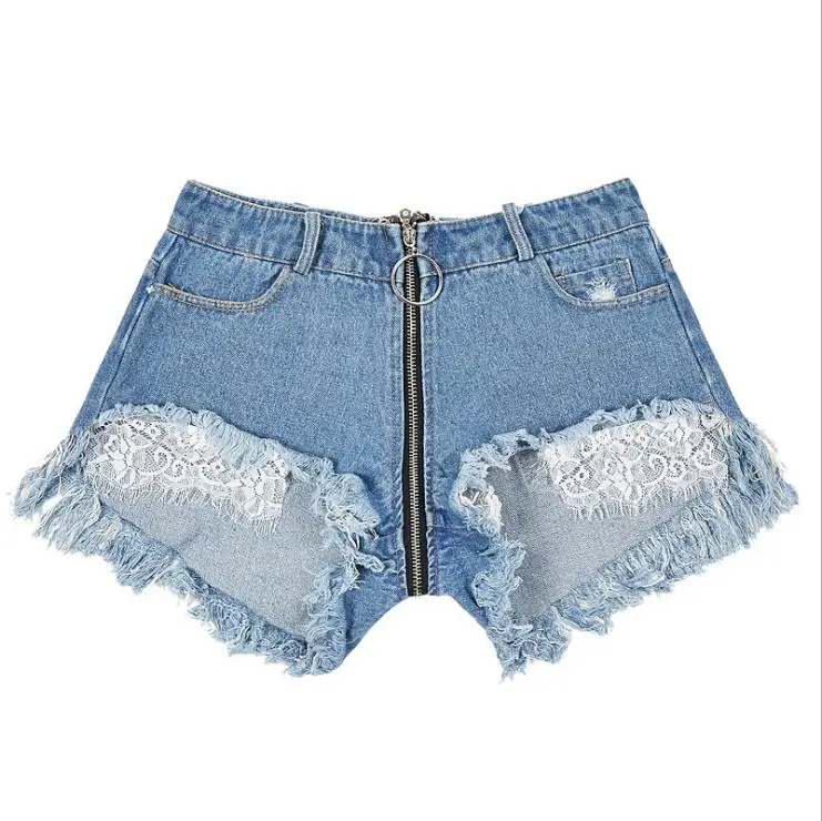 2019 New Arrived Summer Women Slim High Waist Hole Denim Shorts Female Lace Sexy Nightclub Jean Zipper Frayed Raw Hem Ripped D47 | Женская