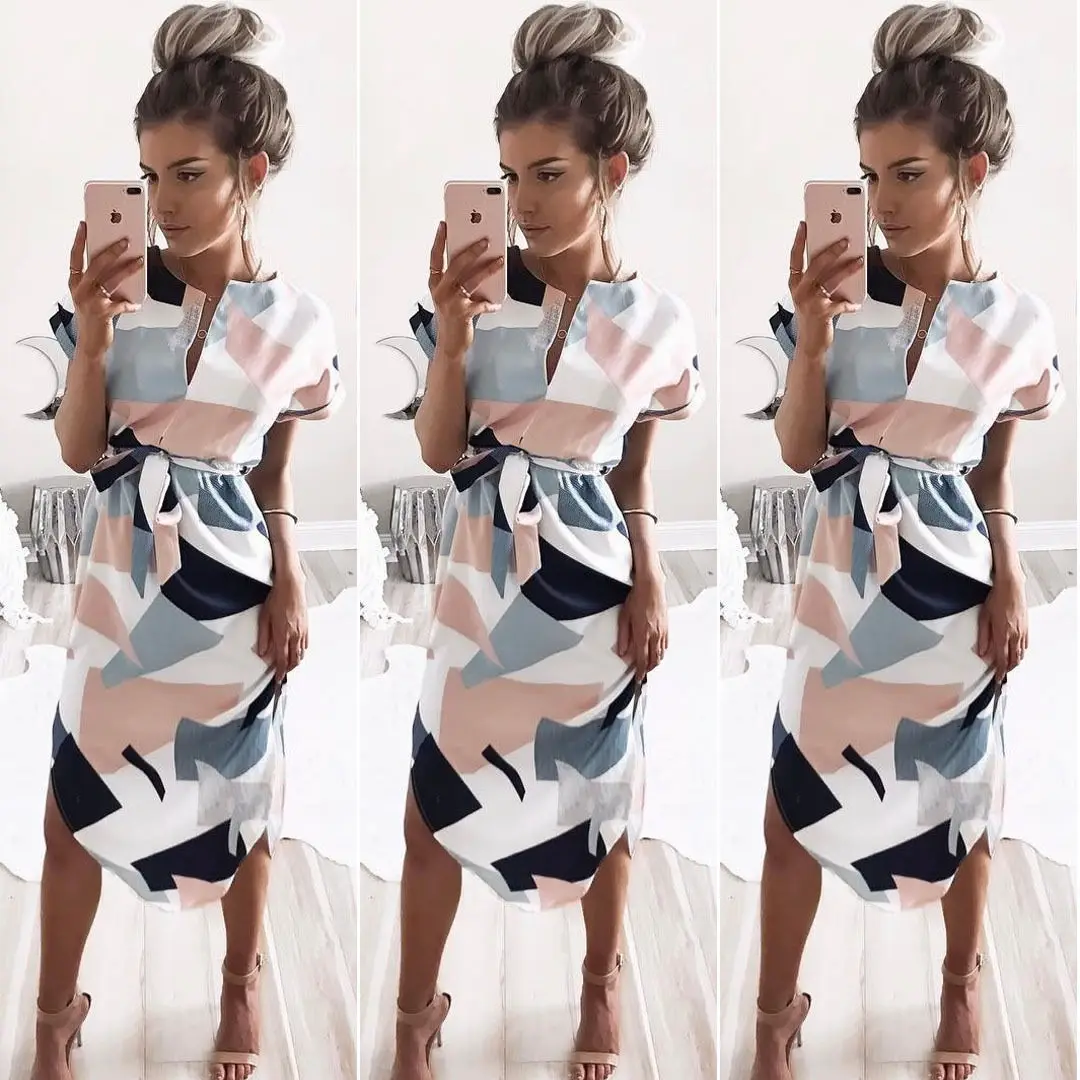 2018 summer dress fashion print elegance cute chain V neck sexy slim sheath women's dress. | Женская одежда