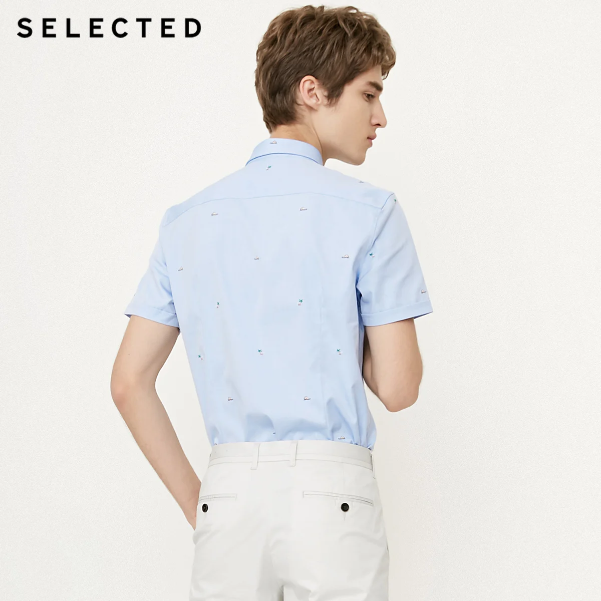 SELECTED Men's Summer 100% Cotton Embroidered Slim Fit Short-sleeved Shirt S|418204547 | Мужская одежда
