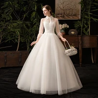 2021 new high neck three quarter sleeve wedding dress sexy illusion lace applique plus size vintage bridal gown robe de mariee l