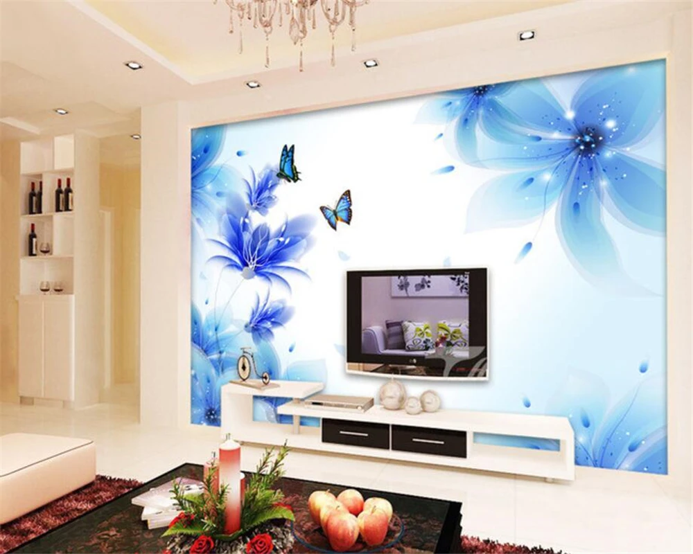 Обои для гостиной спальни 3d обои голубая Лилия Бабочка ТВ фотообои | Обустройство