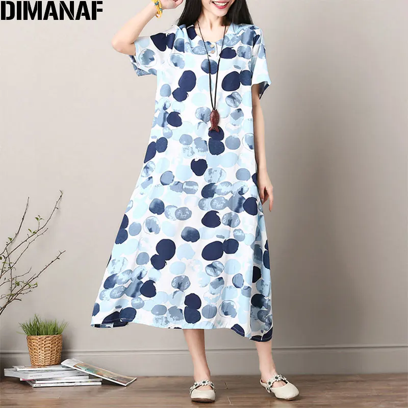 Женское льняное платье в горошек повседневное Свободное длинное синее большого