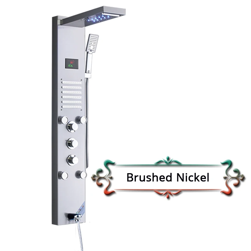 Brushed Nickel Матовый никель дождь водопад душевая панель кран светодиодный светильник массаж тела струи смеситель для душа латунь излив на ванну душ колонна башня - Цвет: Brushed Nickel