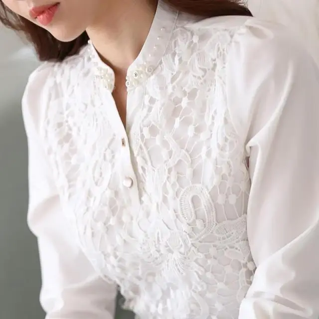 Цветочная кружевная белая блузка женские топы с v-образным вырезом и длинными