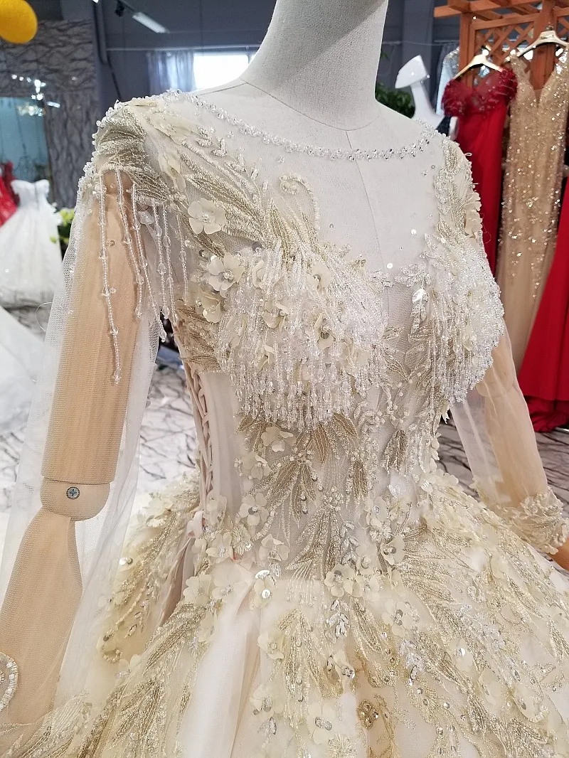 LS369470 Золотое кружевное блестящее свадебное платье Роскошные Длинные тюлевые