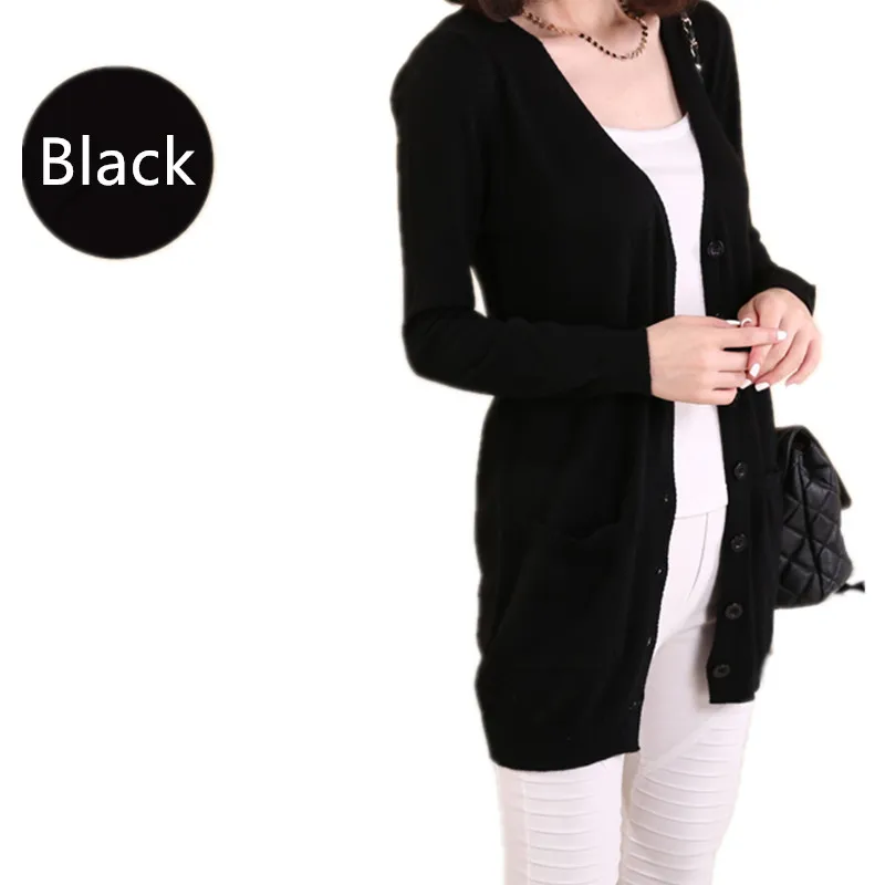 

2017 Spring Cashmere Sweater Women V-Neck Knitted Cardigan Sweater Female Cashmere Medium Long Outerwear Coat with Pockets