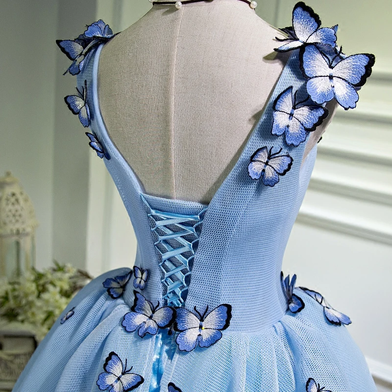 100% Настоящее голубое платье с бабочками Алиса/сказочное Короткое бальное