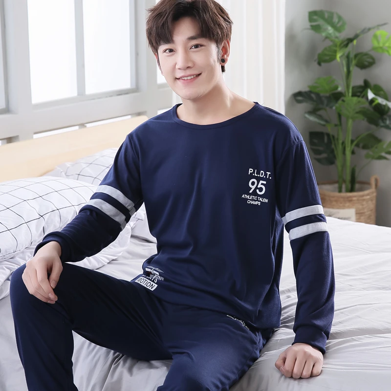 Men Pajama Sets 100% Cotton 2018 Spring and Autumn Male Sleepwear Long-Sleeve O-Neck Pullover Striped Lounge Sleep Set | Мужская одежда