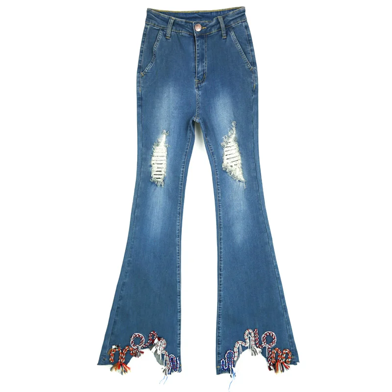 Распродажа женские рваные джинсы модные расклешенные для женщин джинсовые брюки