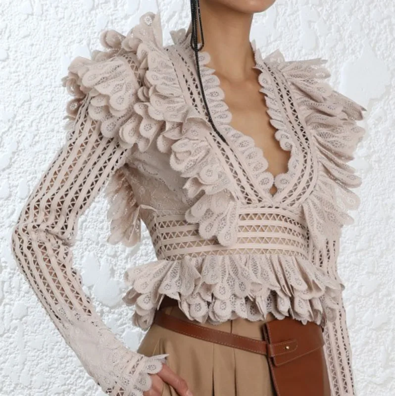 [DEAT] 2020 spring New Arrival Fashion Ruffles Long Sleeve Short Print V-neck Casual Hollow Fold Women Y-shirt Lady KB549 | Женская