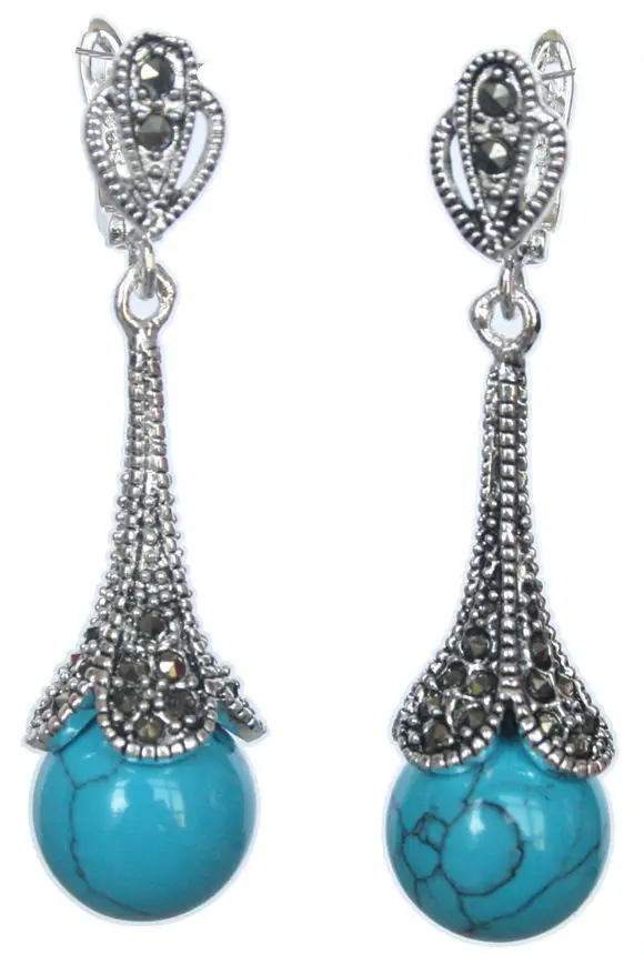 wholesale good Pair Marcasite with Blue Turquoisers Genuine Natural stone gems Dangle Earringsnoble lady's | Украшения и