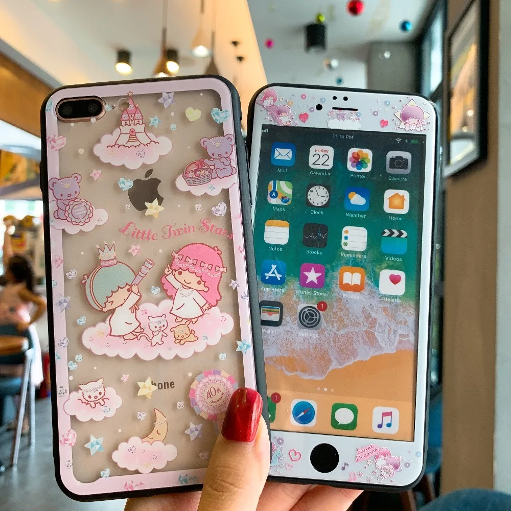 Cartoon LITTLE TWIN STARS Full Screen Protective Film+Tempered Glass Phone Case For iPhone XS XR MAX X 6 6S 7 8 Plus |