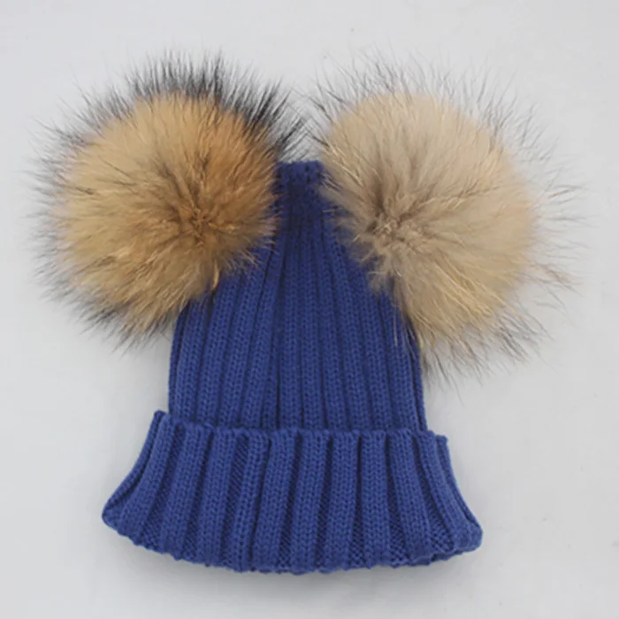 Двойной помпоном Для женщин зимняя шапка смесь шерсти трикотажные gorros Кепки с натуральным Цвет енота Мех животных помпоном - Цвет: royal blue