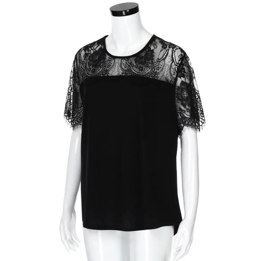 Women Perspective Sexy Lace Patchwork Striped Black Blouse Shirt Deep O Neck shortSleeve Ladies Party Top Blusa Feminina Camisas |