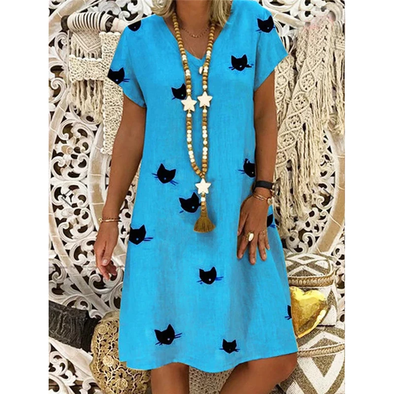 Женское платье с коротким рукавом V-образным вырезом и принтом кошки