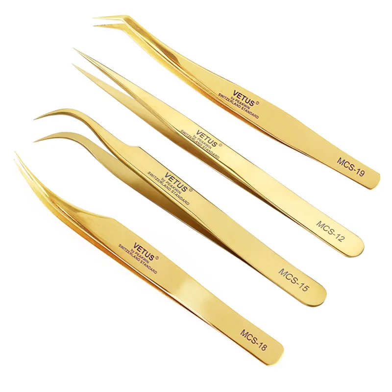 gold 1 set Оригинальные пинцеты «VETUS» серии MCS премиум-класса, пинцет для макияжа, профессиональный анти-Кислотный ультра точный нержавеющий пинцет - Цвет: gold 1 set