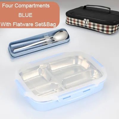 Blue 4 Flatware Bag GLANYOMI 304 Ланч-бокс из нержавеющей стали с отделениями, бэнто-бокс для детей, школьников, пикников, контейнер для еды - Цвет: Blue 4 Flatware Bag
