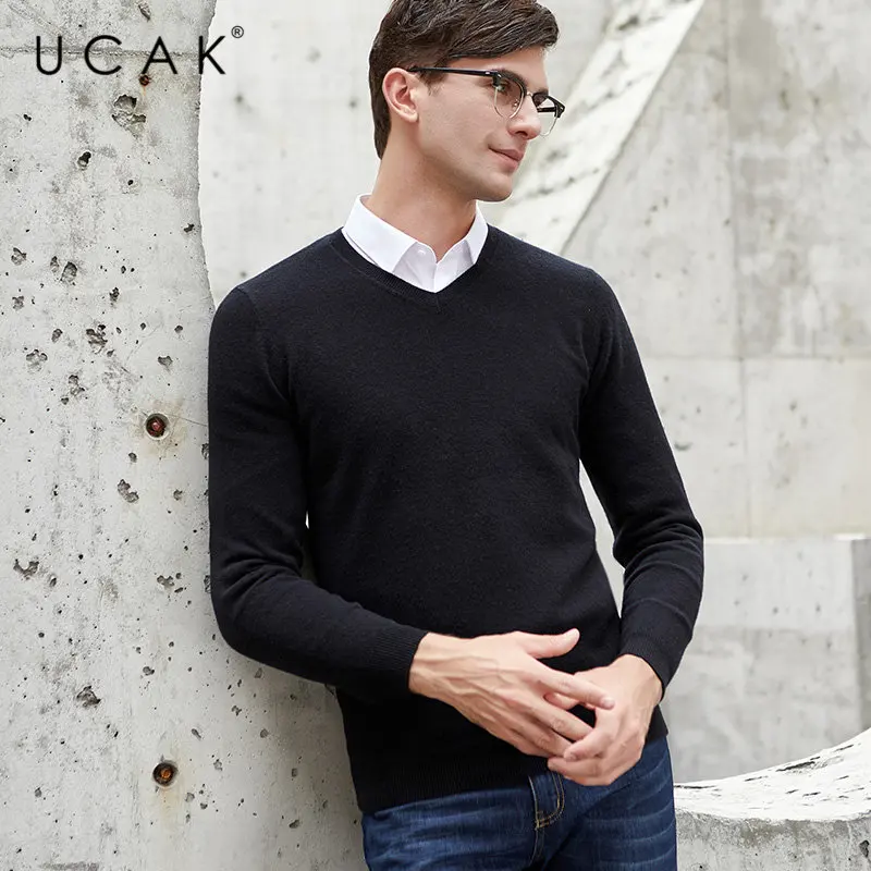 UCAK брендовый свитер мужской классический v-образный вырез Pull Homme чистая мериносовая шерсть пуловер мужской осень зима толстый теплый кашемировый свитер U3014