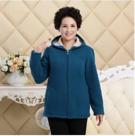 Sea blue Новая зимняя верхняя одежда для женщин среднего возраста, имитация овечьей шерсти, флисовая куртка с капюшоном для девушек, теплое мягкое вельветовое пальто для мам, пальто, размер 5XL - Цвет: Sea blue