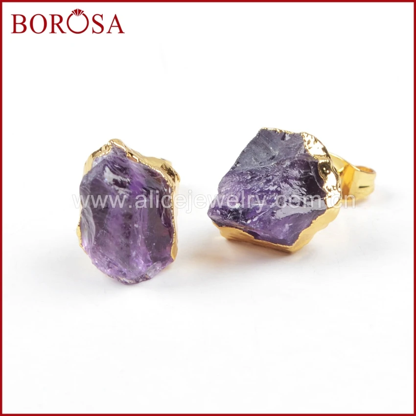 BOROSA 1 пара новые золотые серьги с необработанными аметистами фиолетовым
